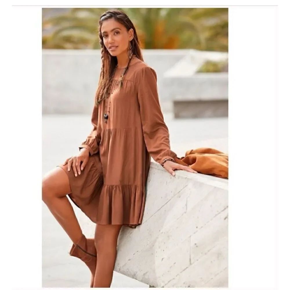 Lascana NWT Tiered rust Brown long sleeve swing Dress 4